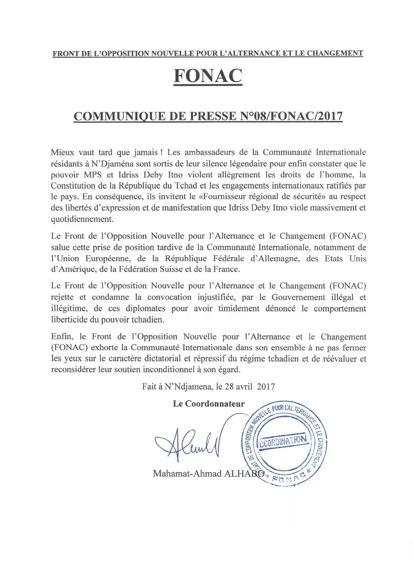Tchad : Le FONAC "salue la position tardive de la communauté internationale"