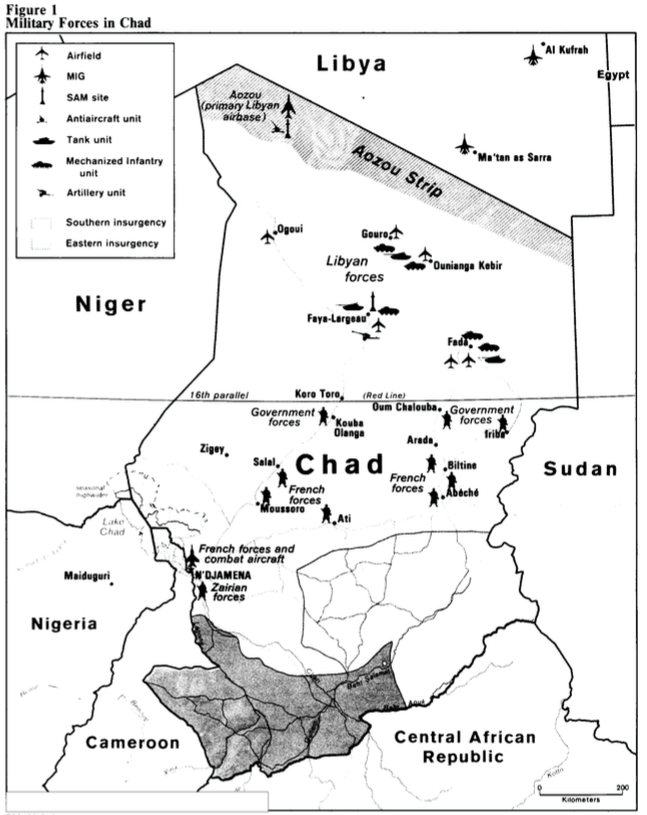 Un croquis des forces en présence au Tchad, dans les archives déclassifiés de la CIA. Un croquis des forces en présence au Tchad, dans les archives déclassifiés de la CIA.
