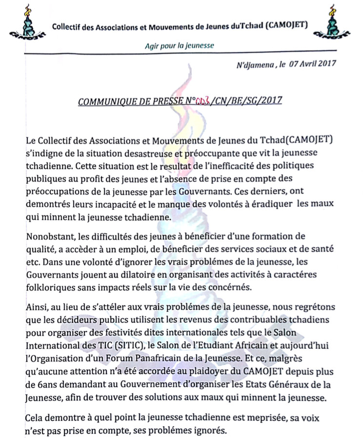 Tchad : Le CAMOJET plaide la cause de la jeunesse et interpelle le gouvernement Tchad : Le CAMOJET plaide la cause de la jeunesse et interpelle le gouvernement