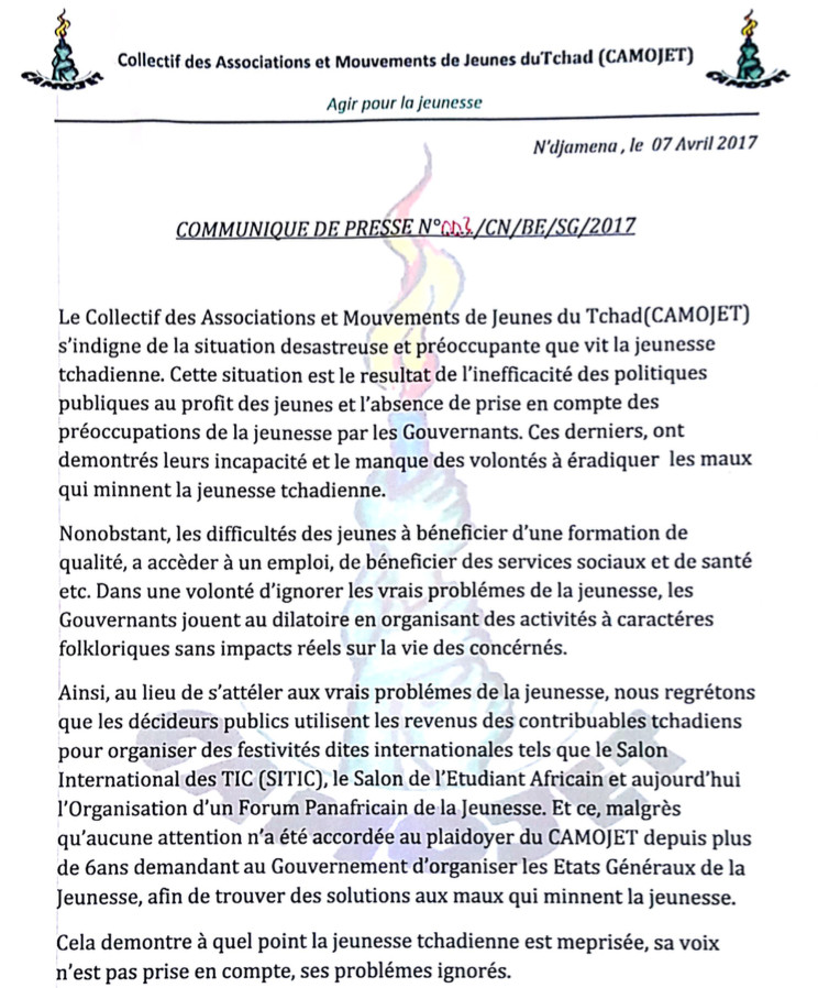 Tchad : Le CAMOJET plaide la cause de la jeunesse et interpelle le gouvernement