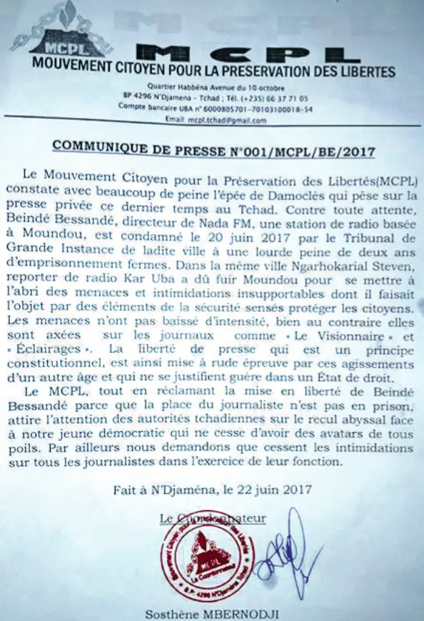 Tchad : Inquiétudes après la condamnation d'un journaliste à Moundou