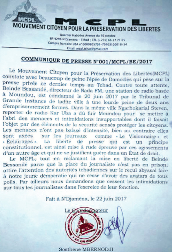 Tchad : Inquiétudes après la condamnation d'un journaliste à Moundou