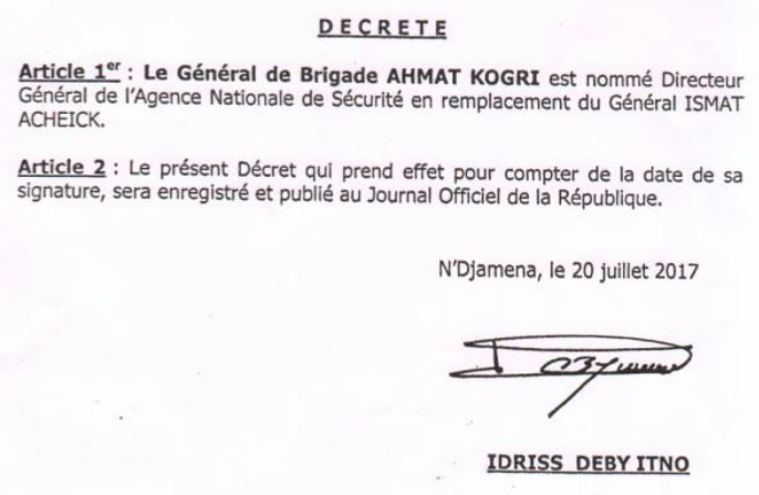 Tchad : Un général nommé à la tête du renseignement extérieur Tchad : Un général nommé à la tête du renseignement extérieur