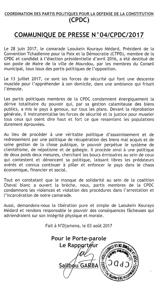 Tchad : La CPDC demande la libération de l'ex-maire de Moundou (déclaration)