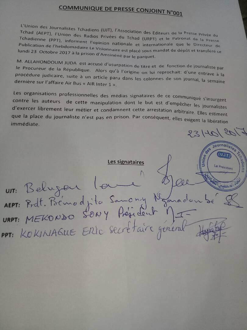 Tchad : Des corporations de la presse exigent la libération du directeur de publication du journal Le Visionnaire.