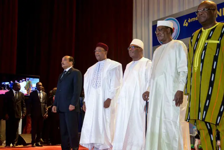 Les présidents mauritanien Ould Abdel Aziz, nigérien Mahamadou Issoufou, malien Ibrahim Boubacar Keita, tchadien Idriss Deby et burkinabè Roch Marc Christian Kaboré, le 6 février 2018 à l'ouverture d'un sommet du G5 Sahel à Niamey afp.com - BOUREIMA HAMA