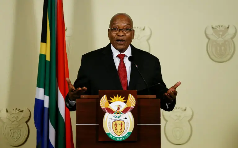 Le président sud-africain Jacob Zuma, annonçant sa démission au cours d'une conférence de presse le 14 février 2018 à Pretoria. / © AFP / Phill Magakoe