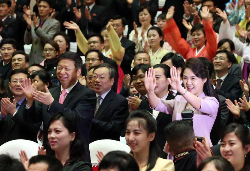 Ri Sol Ju, wife of Kim Jong Un, chairman of the Workers' Party of Korea (WPK) and chairman of the State Affairs Commission of the Democratic People's Republic of Korea (DPRK), watches a ballet performed by the Chinese art troupe in Pyongyang, the DPRK, April 14, 2018. (Xinhua/Yao Dawei)