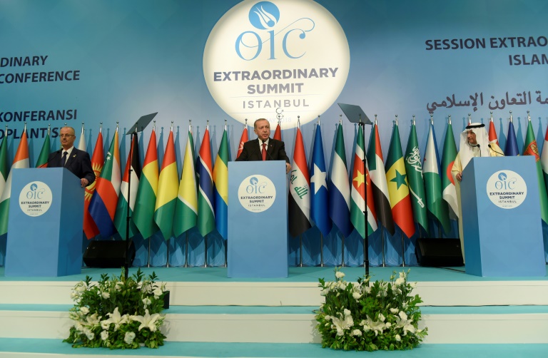 Le président turc Recep Tayyip Erdogan (centre), entouré du premier ministre palestinien Rami Al Hamdallah (gauche) et du secrétaire général de l'Organisation de la coopération islamique, le 18 mai 2018 à Istanbul / © AFP / Yasin AKGUL