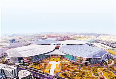 An aerial picture of the National Exhibition and Convention Center (NECC), the venue of the first China International Import Expo (CIIE).Photo by Fan Jun from Xinhua News Agency