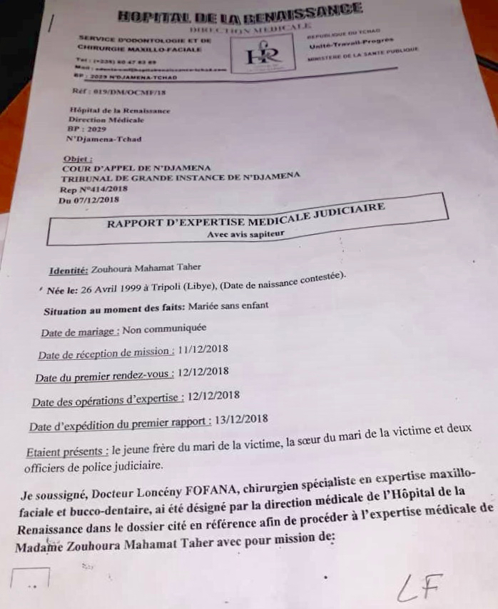 Tchad : L’expertise médicale judiciaire détermine l’âge apparent de Zouhoura Mahamat Tchad : L’expertise médicale judiciaire détermine l’âge apparent de Zouhoura Mahamat