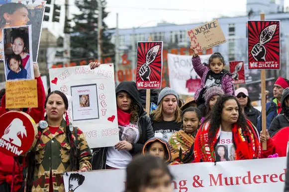 The Native American Women’s March in Seattle (January 2017) demanded justice for Missing and Murdered Indigenous Women, one of the issues highlighted by the UN Committee on Civil and Political Rights in its questions to the United States.  Photo credit: Seattle Times