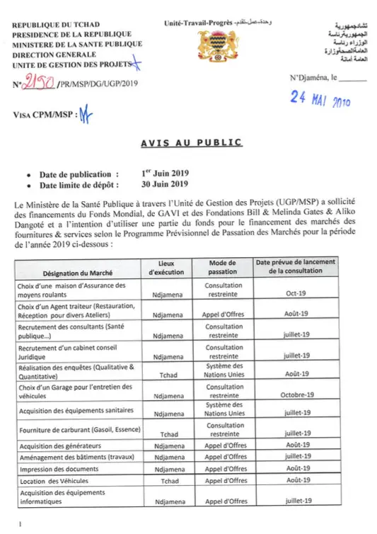 Tchad : avis d'appel d'offres et de consultation du ministère de la Santé publique