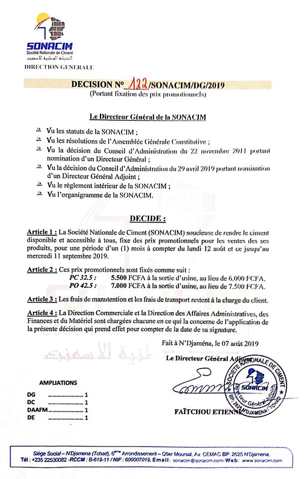 Tchad : baisse du prix du ciment pour un mois Tchad : baisse du prix du ciment pour un mois