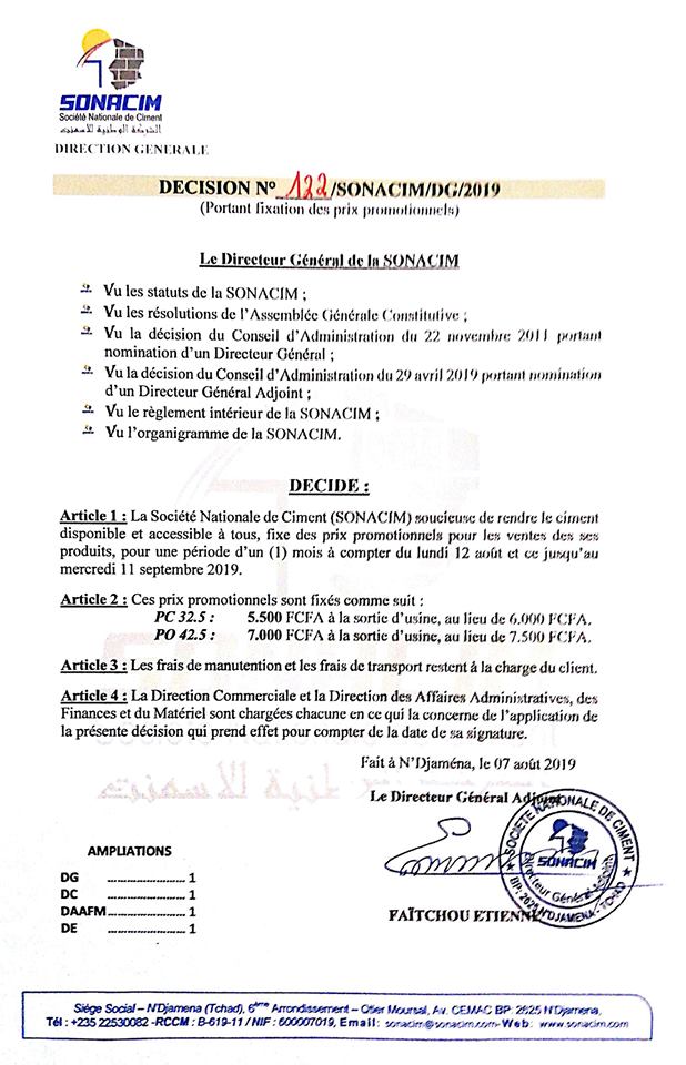 Tchad : baisse du prix du ciment pour un mois