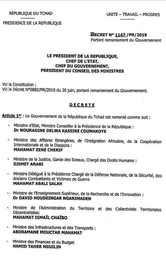 Tchad : liste du nouveau gouvernement du 11 août 2019 Tchad : liste du nouveau gouvernement du 11 août 2019