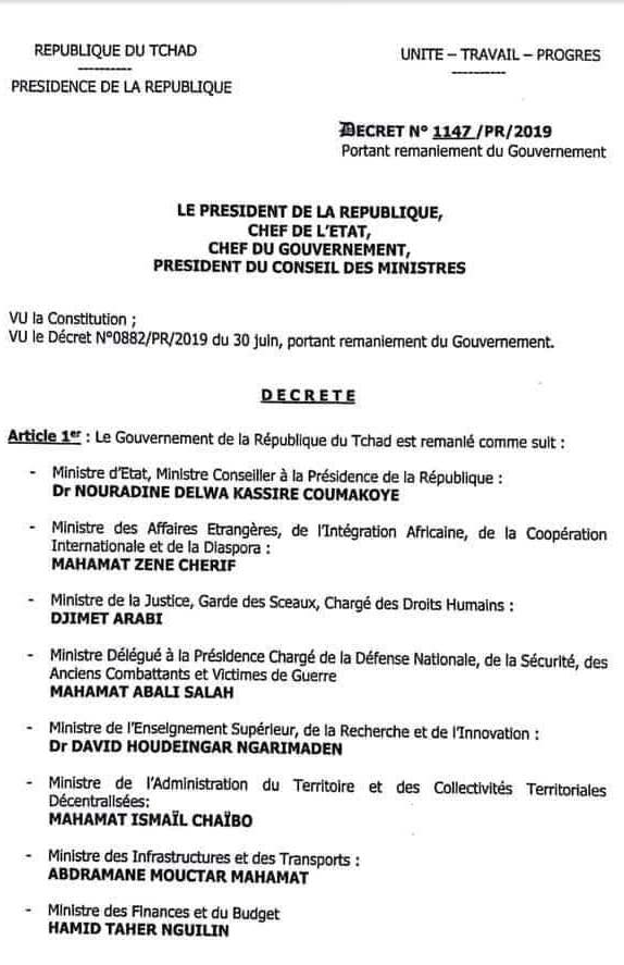 Tchad : liste du nouveau gouvernement du 11 août 2019