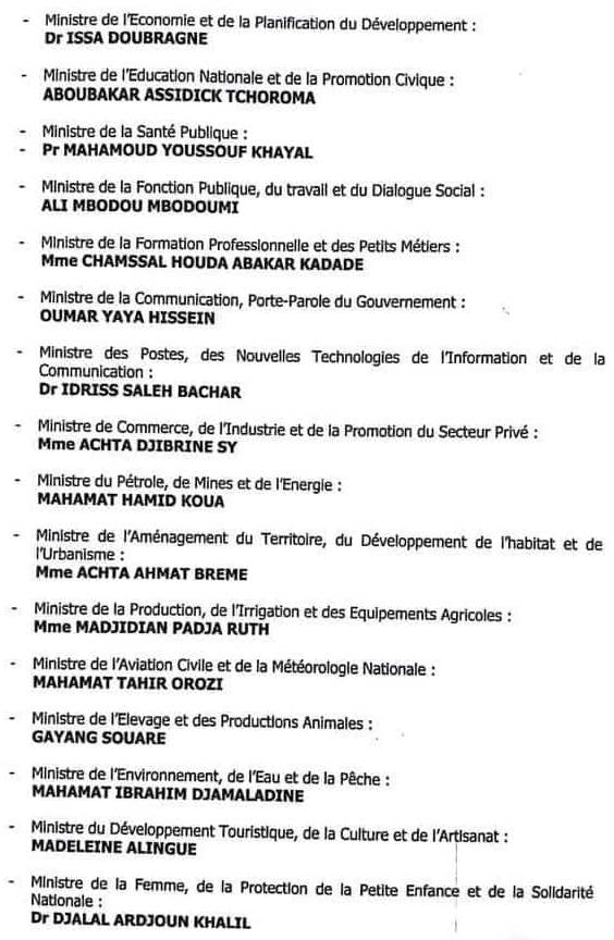 Tchad : liste du nouveau gouvernement du 11 août 2019