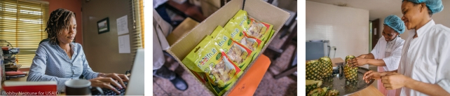 À ReelFruit, des femmes assurent l’ensemble de la gestion et représentent 64 % du personnel. (Bobby Neptune pour l’USAID) À ReelFruit, des femmes assurent l’ensemble de la gestion et représentent 64 % du personnel. (Bobby Neptune pour l’USAID)