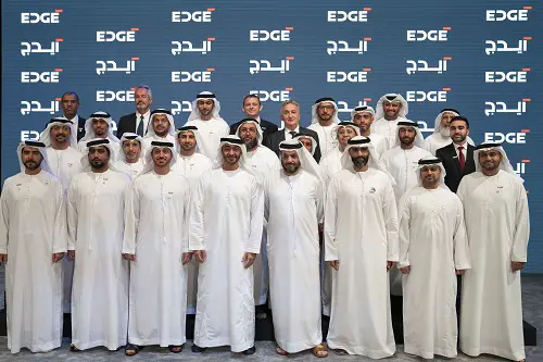 His Highness Sheikh Mohamed Bin Zayed Al Nahyan with the CEOs of the newly announced UAE Advanced Technology Company, EDGE (Photo: AETOSWire)