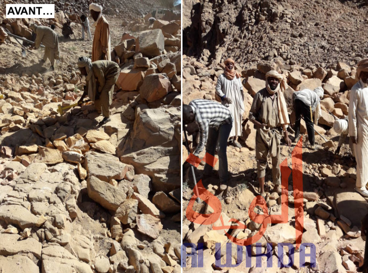 Tchad : à Bardaï, des habitants aménagent une route avec leurs bras. Tchad : à Bardaï, des habitants aménagent une route avec leurs bras.
