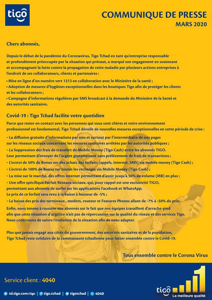 Tchad - Covid-19 : les 7 annonces de Tigo pour faciliter le quotidien des citoyens Tchad - Covid-19 : les 7 annonces de Tigo pour faciliter le quotidien des citoyens