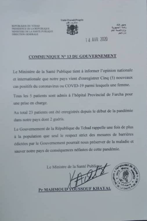 Covid-19 : Le Tchad passe à 23 cas avec cinq de plus