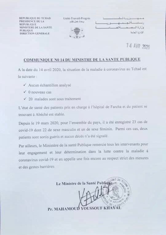 Tchad - Covid-19 : le point journalier du ministère de la Santé sur la situation Tchad - Covid-19 : le point journalier du ministère de la Santé sur la situation