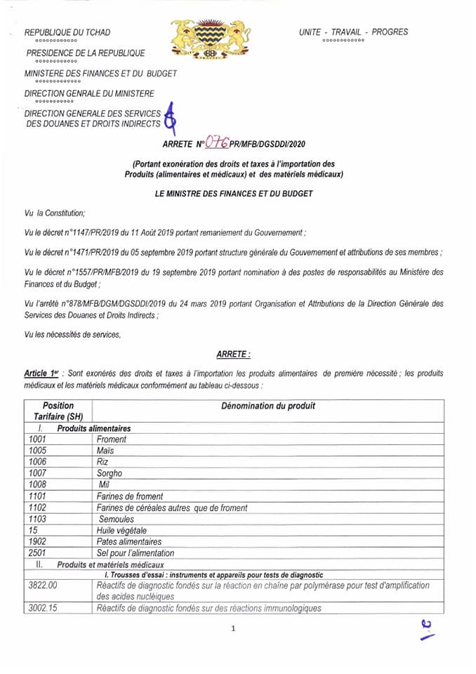 Tchad - Covid-19 : quels sont les produits exonérés de droits et taxes à l'importation ?