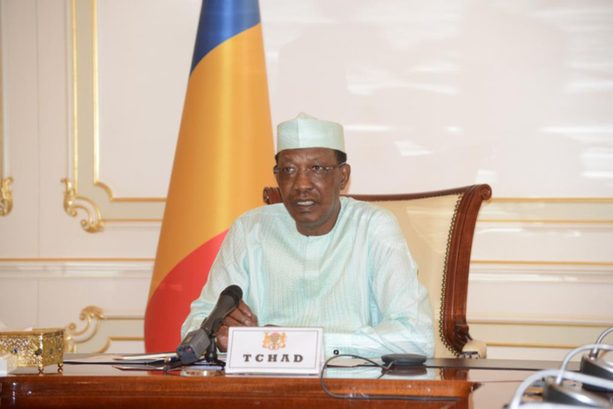 Le président tchadien Idriss Déby le 28 avril 2020 lors d'une visioconférence. © PR Le président tchadien Idriss Déby le 28 avril 2020 lors d'une visioconférence. © PR