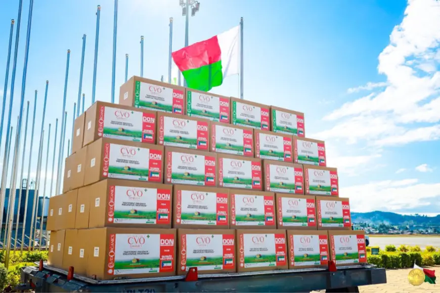 Une cargaison de Covid-Organics pour la Guinée équatoriale. © Andry Rajoelina/Twitter
