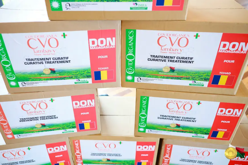 Les cartons du remède malgache Tambavy CVO, offerts par la République de Madagascar au Tchad. © PR Madagascar