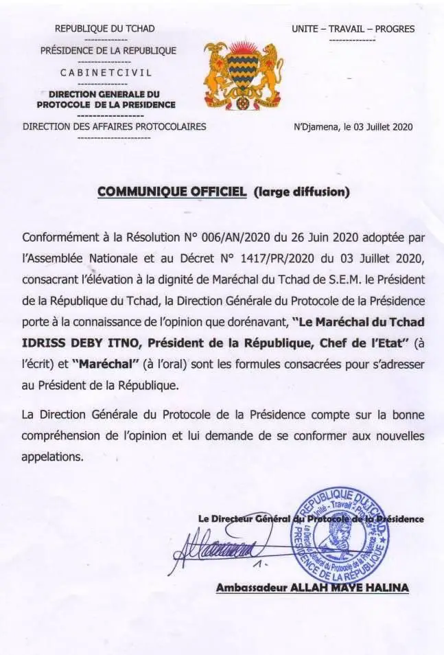 Tchad : titre de maréchal, le protocole de la Présidence explique comment s’adresser à Déby