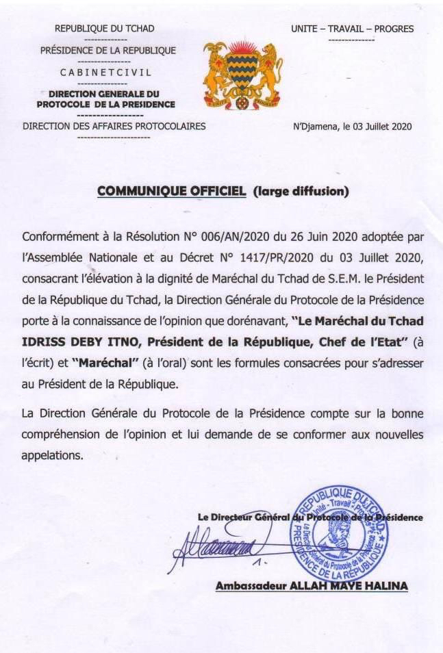 Tchad : titre de maréchal, le protocole de la Présidence explique comment s’adresser à Déby Tchad : titre de maréchal, le protocole de la Présidence explique comment s’adresser à Déby