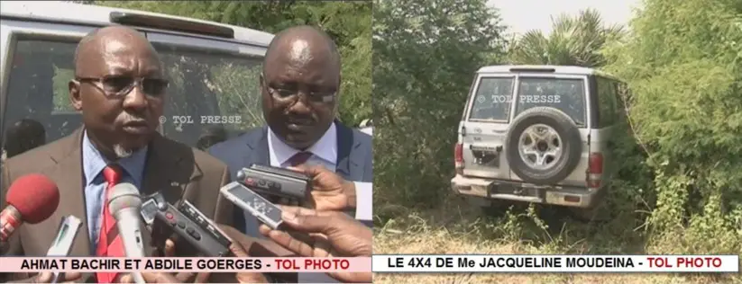 Le ministre de l'Intérieur, Ahmat Bachir et Abdoulaye Geogres à gauche. Le véhicule volé de Me. Jacqueline Moudeïna. Crédits photos : TOL Presse