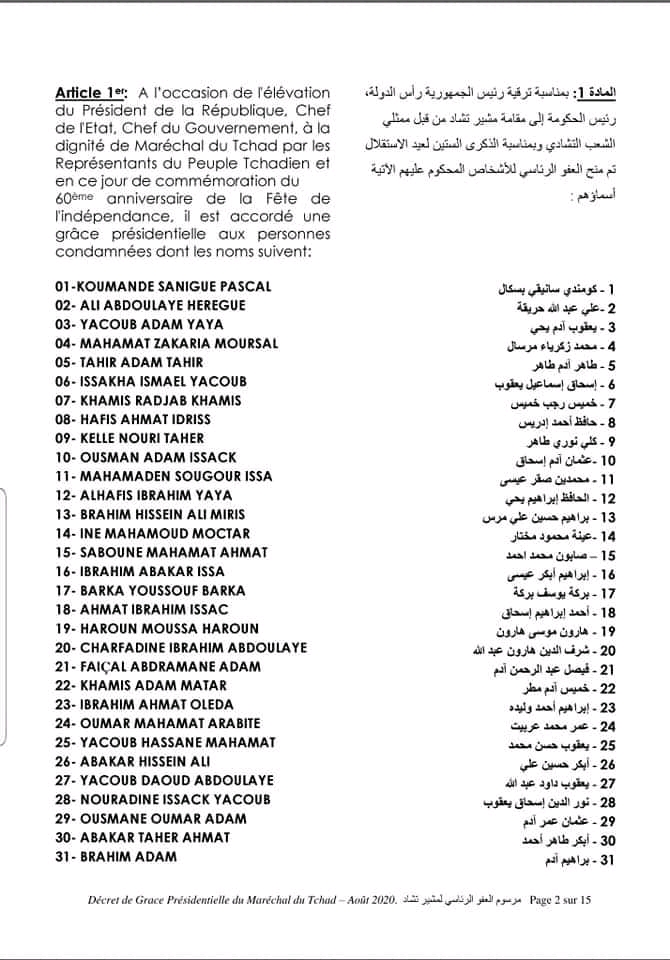 Tchad : liste des 538 condamnés graciés par le Président de la République