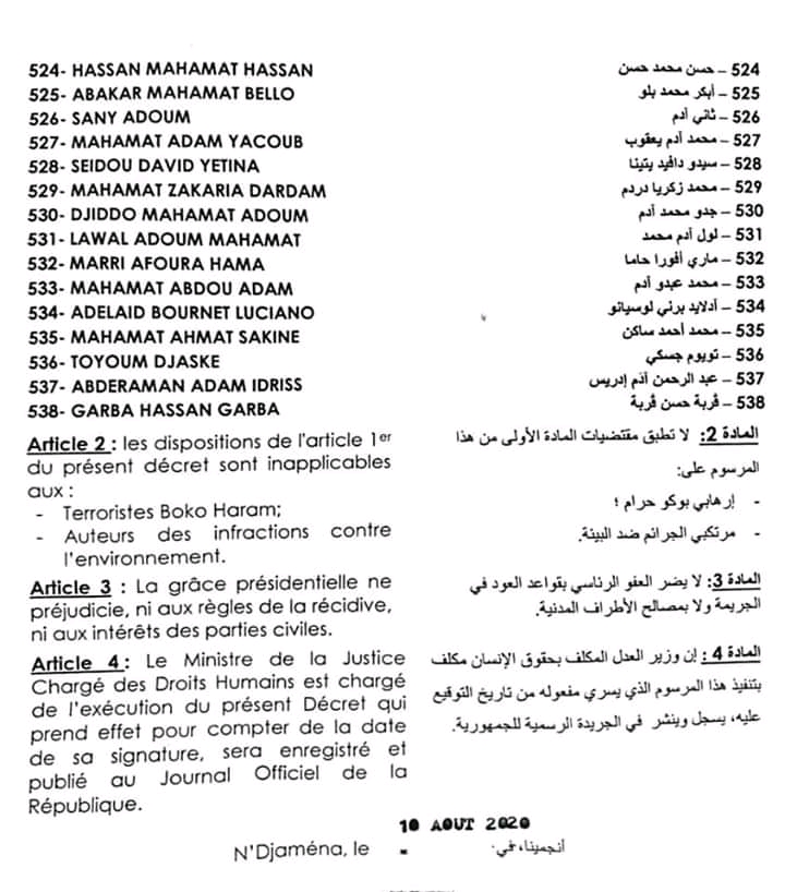 Tchad : liste des 538 condamnés graciés par le Président de la République