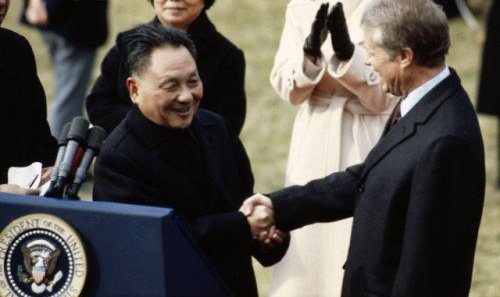 Former Vice Premier of China Deng Xiaoping shakes hands with then U.S. President Jimmy Carter at the White House, Jan. 30, 1979. File photo