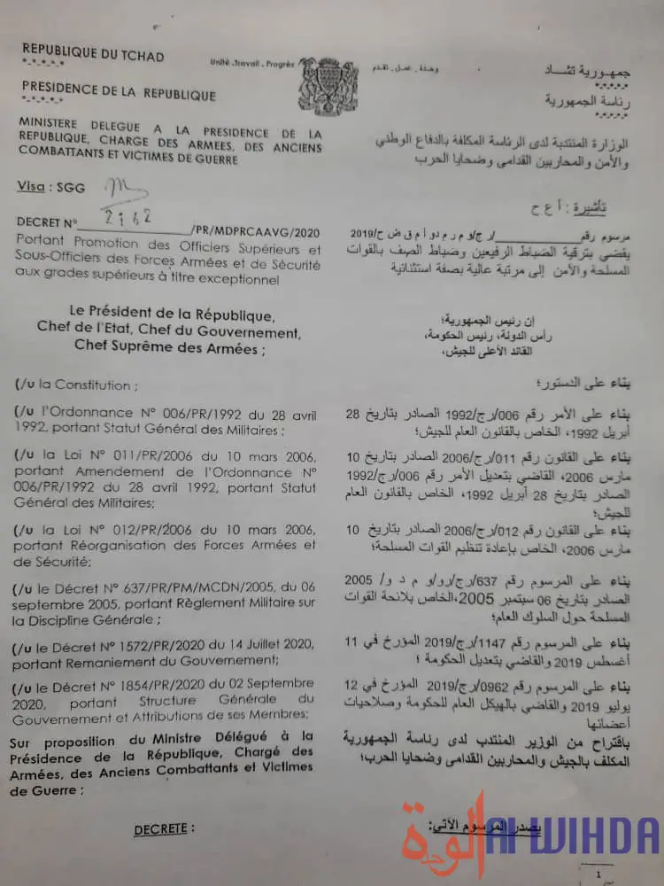 Tchad : décret de promotion de 158 officiers et sous-officiers à titre exceptionnel