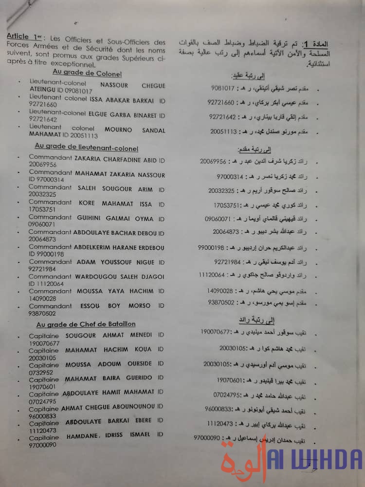 Tchad : décret de promotion de 158 officiers et sous-officiers à titre exceptionnel