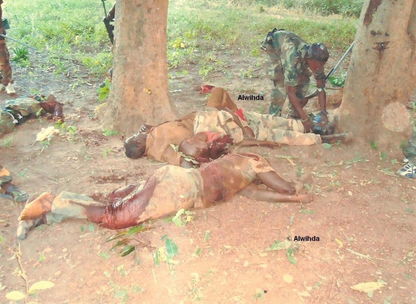 Des combattants rebelles récupèrent des bottes sur des cadavres de soldats centrafricains. Crédits photos : Alwihda Des combattants rebelles récupèrent des bottes sur des cadavres de soldats centrafricains. Crédits photos : Alwihda