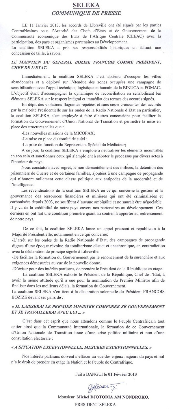 Centrafrique : La Séléka réagit aux tergiversations de Bozizé qui retarde l'annonce du gouvernement Tiangaye Centrafrique : La Séléka réagit aux tergiversations de Bozizé qui retarde l'annonce du gouvernement Tiangaye