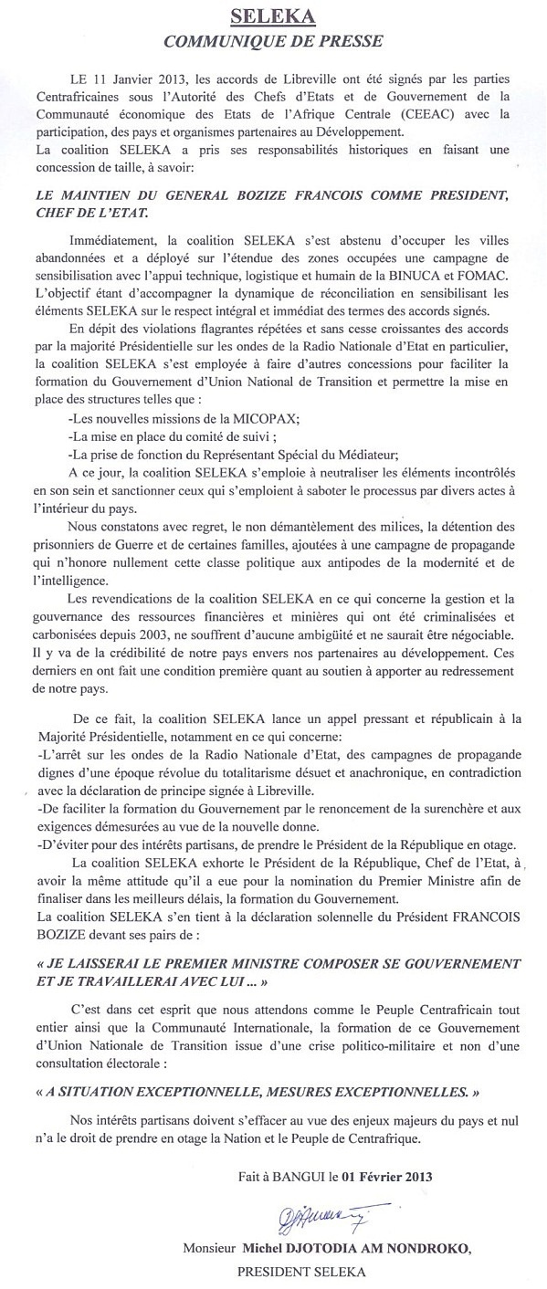 Centrafrique : La Séléka réagit aux tergiversations de Bozizé qui retarde l'annonce du gouvernement Tiangaye