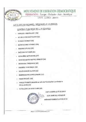 LE MOUVEMENT DE LIBERATION DEMOCRATIQUE ( M L D ) DEMANDE LA LIBERATION  DES PRISONNIERS CENTRAFRICAINS A LA PRISON CENTRALE DE NEW BELL AU CAMEROUN