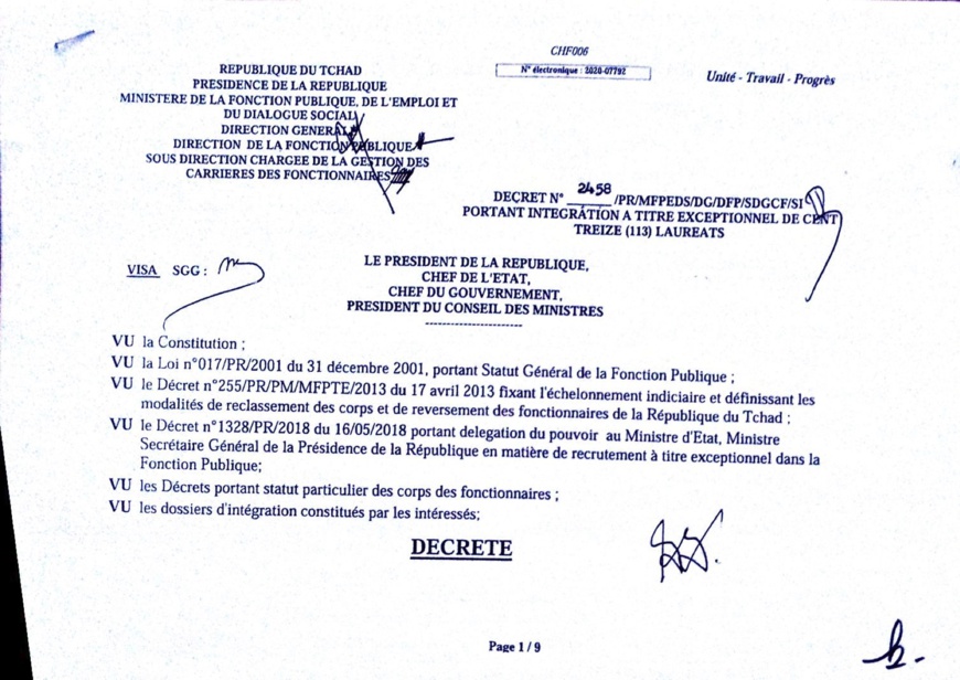 Tchad : liste d'intégrations à la Fonction publique Tchad : liste d'intégrations à la Fonction publique
