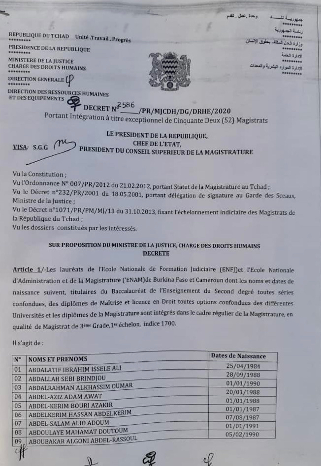 Tchad : 52 magistrats intégrés par décret à la Fonction publique Tchad : 52 magistrats intégrés par décret à la Fonction publique