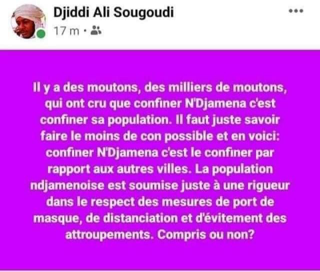 Dr. Djiddi Ali Sougoudi : "des milliers de moutons qui ont cru que confiner N'Djamena c'est confiner sa population" Dr. Djiddi Ali Sougoudi : "des milliers de moutons qui ont cru que confiner N'Djamena c'est confiner sa population"