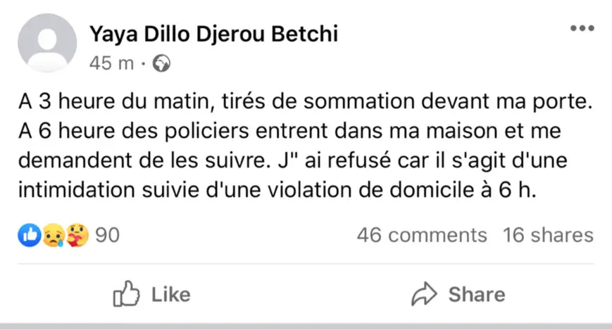 Tchad : des tirs devant le domicile de Yaya Dillo