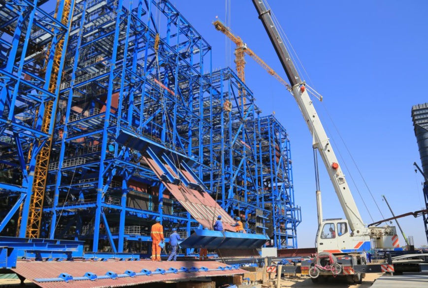 Photo taken on April 27, 2020, shows the construction site of a coal-to-ethylene glycol project of Jiutai New Material Co., Ltd. in north China's Inner Mongolia autonomous region. (Photo by Ma Bin/People's Daily Online)