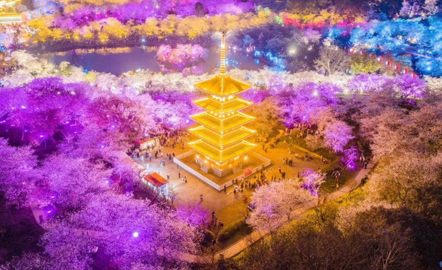 Photo taken on March 14 shows a night view of the East Lake, Wuhan, central China's Hubei Province. (Photo by Zhao Guangliang/People's Daily Online)